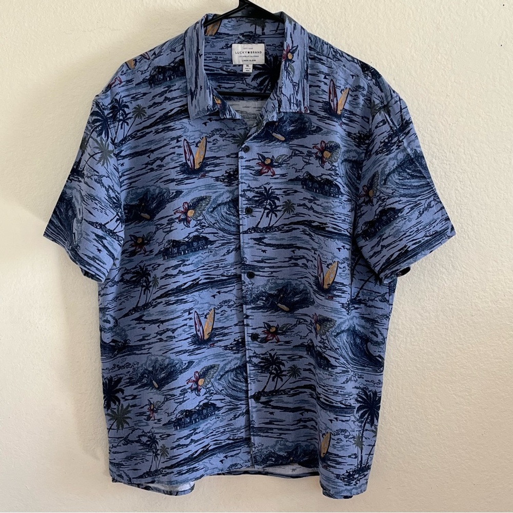 Lucky Brand Linen Hawaiian Tropical Blue Short Sleeve Button Up Shirt Size XL